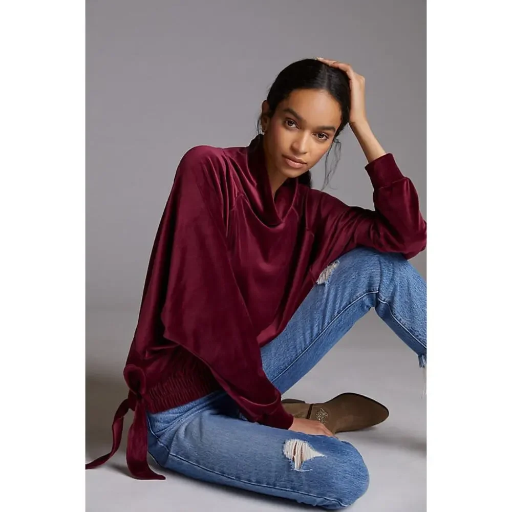 Anthropologie Daily Practice Side-Tie Velvet Pullover | Women's Small